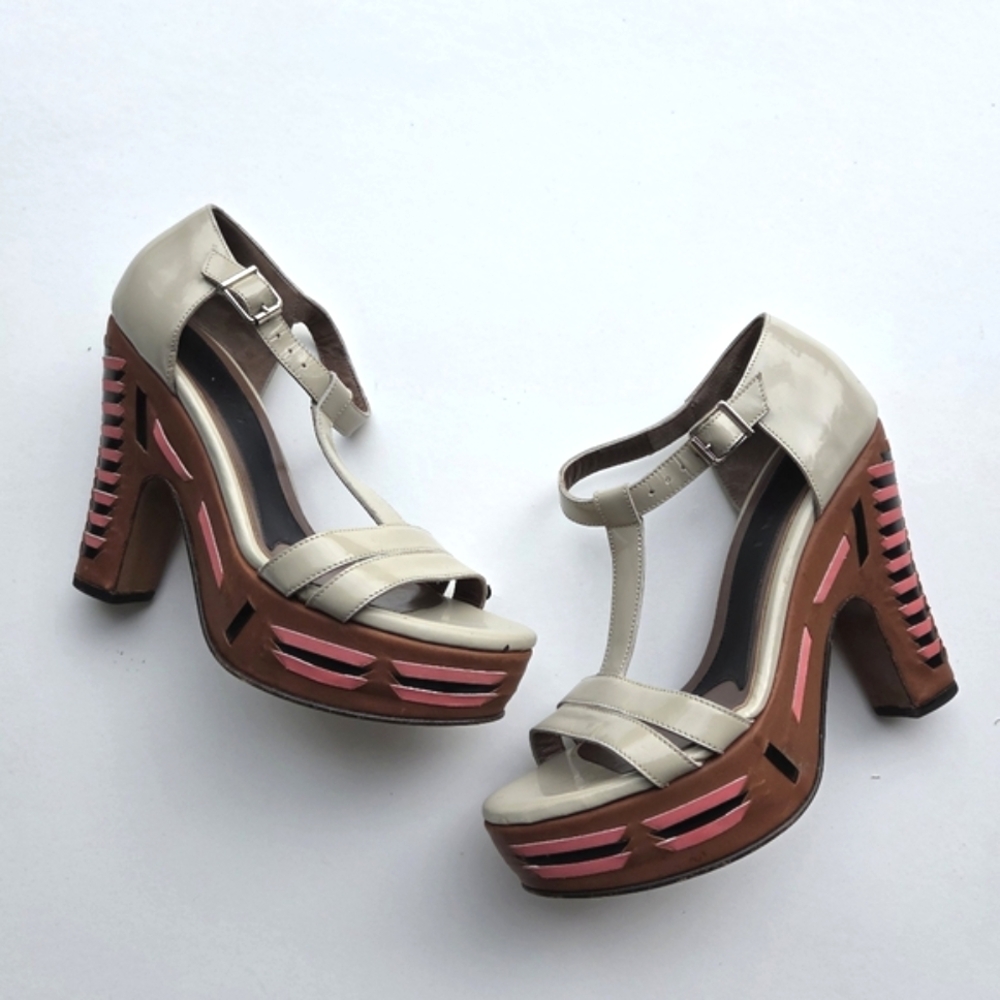 Marni Platform Heeled Sandals Heels Patent Leather Whipstitch Detail Size 38 Y2K